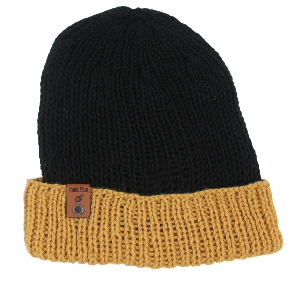 Handmade Hand Knit Gold Yellow Black Superwash Wool Ribbed Knit Beanie Hat
